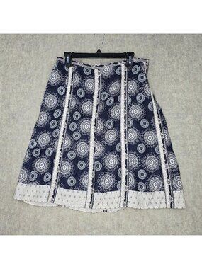 Navy Blue Midi Skirt Mandala Design Accents Side Zipper Cotton Blend Size 8